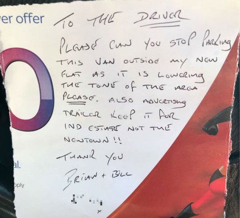 'Snobs' leave note on volunteer's van saying it 'lowers the tone' 