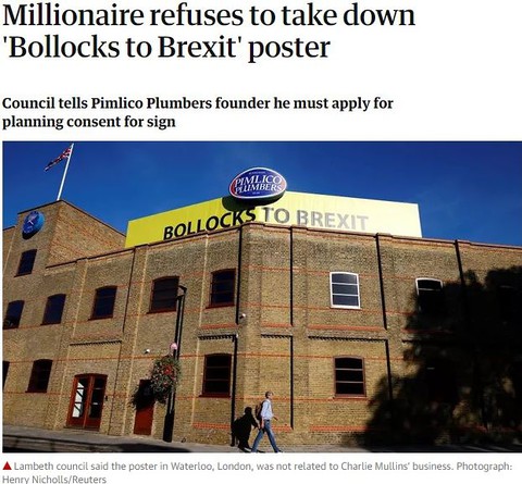 Londyński milioner nie chce usunąć billboardu "Bollocks to Brexit"