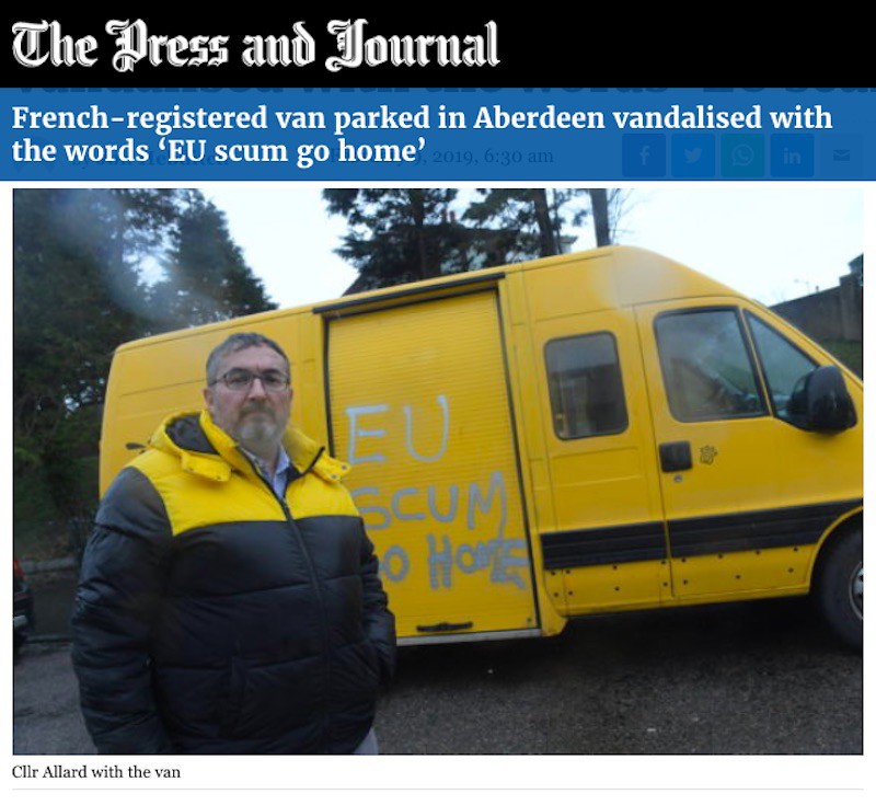 French-registered van parked in Aberdeen vandalised with the words 'EU scum go home