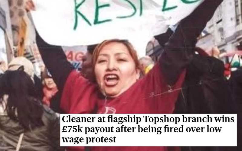 Cleaner at Topshop branch wins £75k payout after being fired over low wage protest