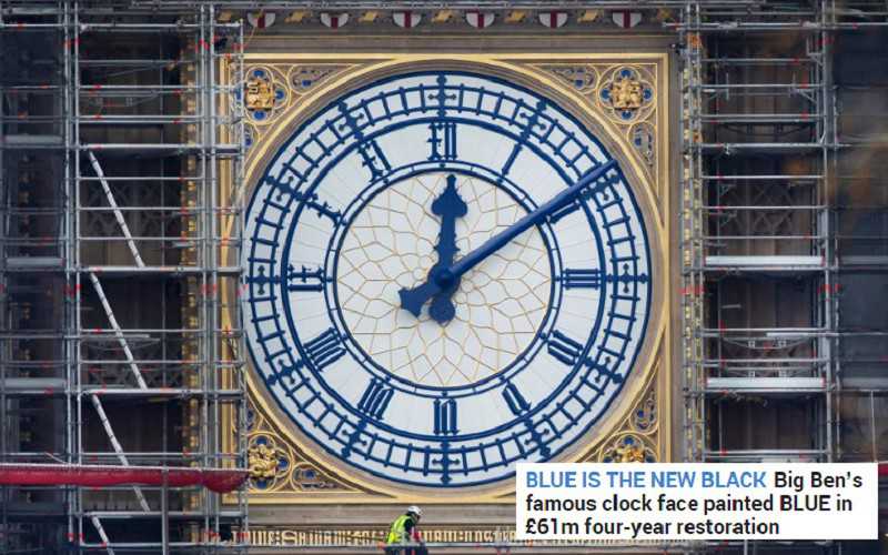 Big Ben's famous clock face painted blue