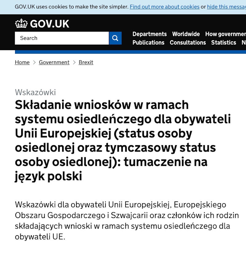 "Settled status" in Polish on the UK government website