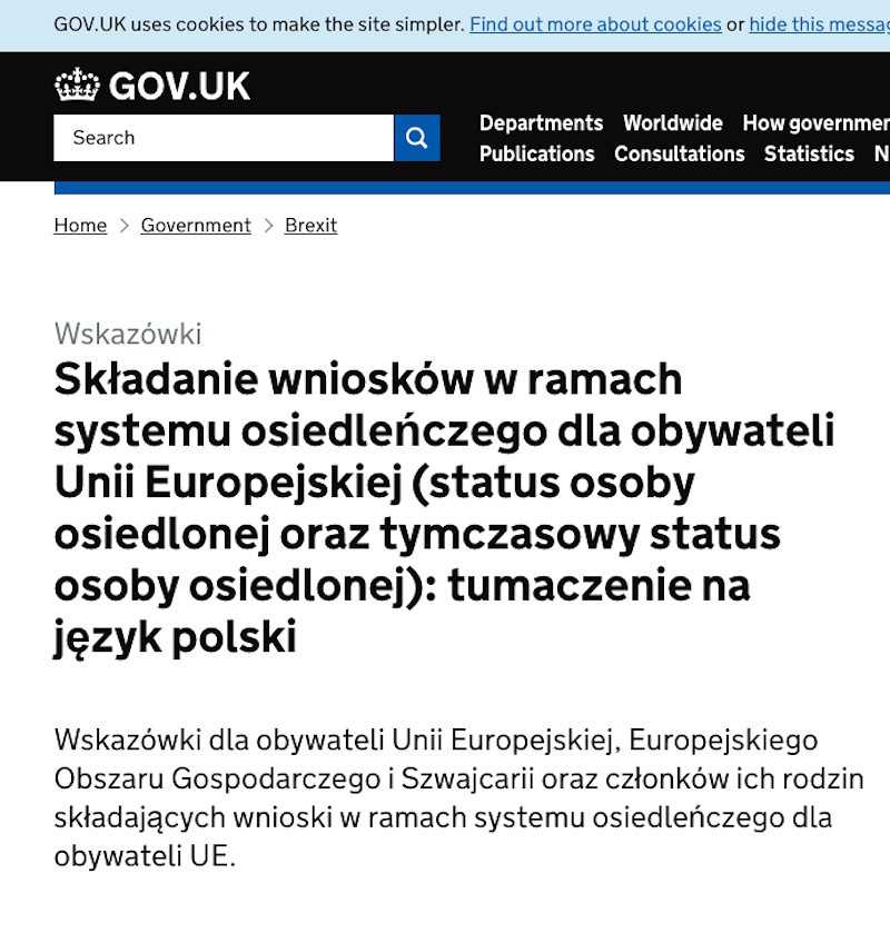 Po polsku o "settled status" na stronie rządowej UK