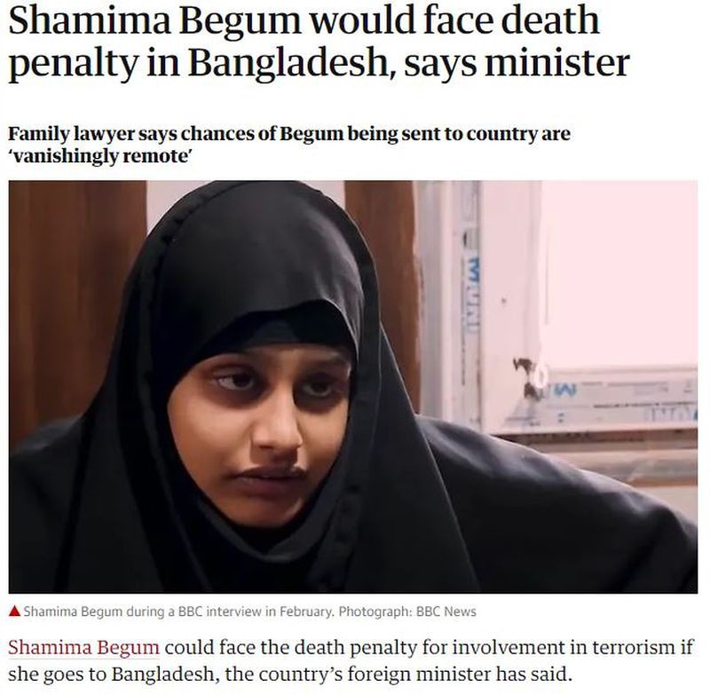 ISIS bride Shamima Begum 'would face death penalty in Bangladesh'