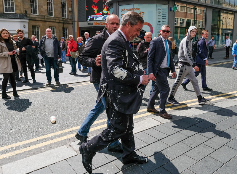 Nigel Farage hit by a milkshake while campaigning for European elections in Newcastle