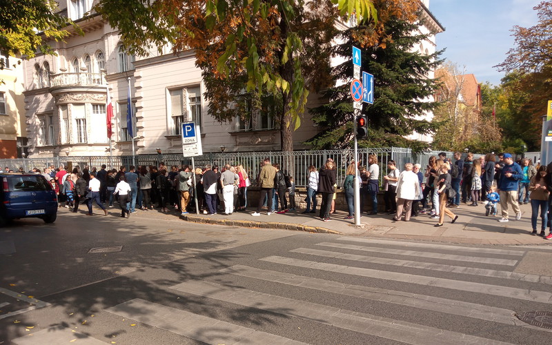 Queue of people willing to vote in front of Polish Embassy in Budapest