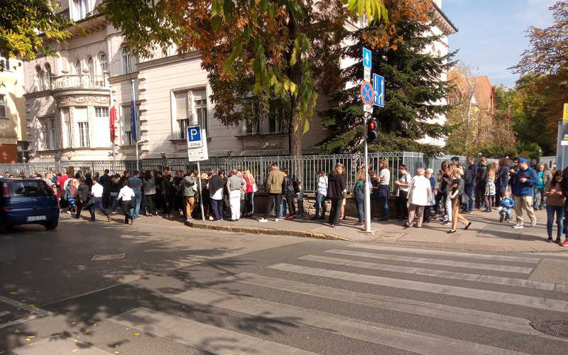 Queue of people willing to vote in front of Polish Embassy in Budapest