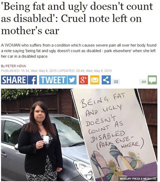 'Being fat and ugly doesn't count as disabled': Cruel note left on mother's car