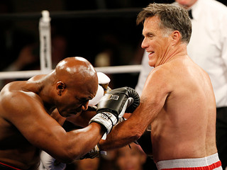 Mitt Romney knocks down Evander Holyfield during charity boxing match