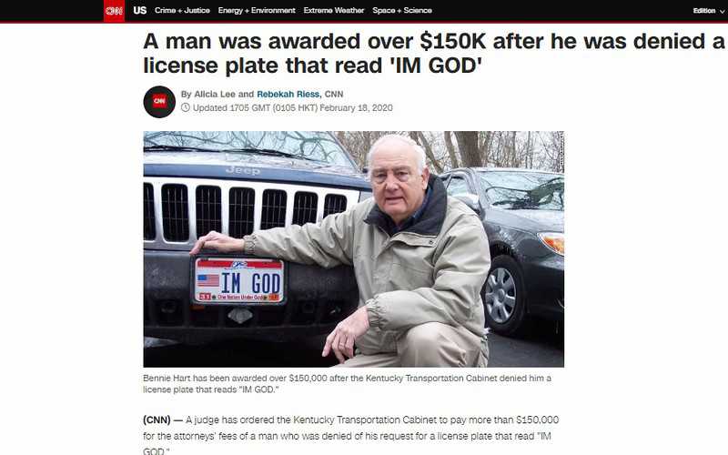 A man was awarded over $150K after he was denied a license plate that read 'IM GOD'