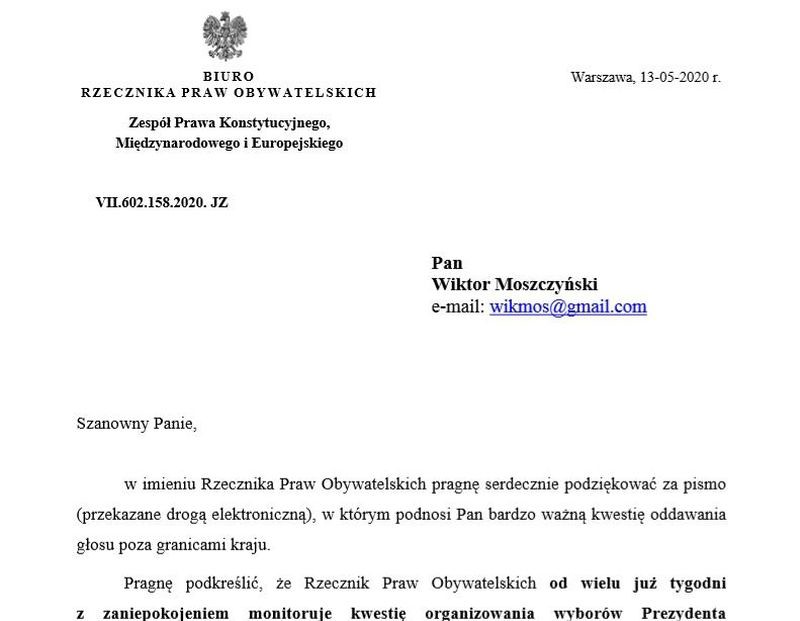 Rzecznik Praw Obywatelskich o wyborach prezydenckich za granicą