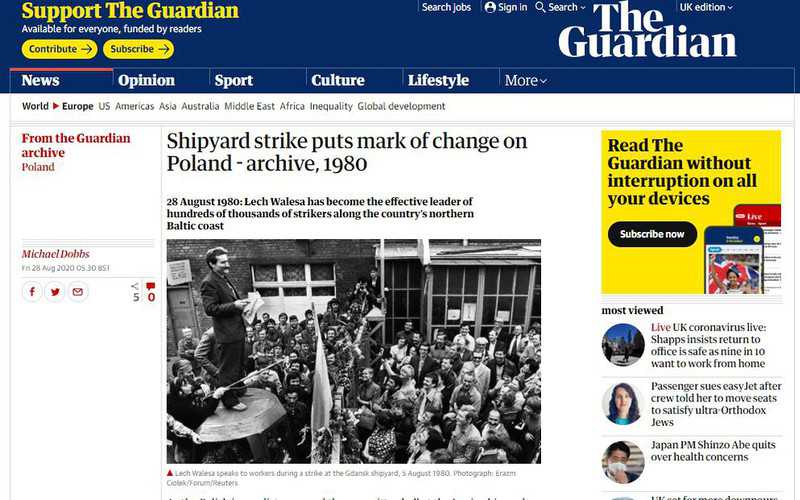 "The Guardian" przypomina tekst o strajku w Stoczni Gdańskiej z 1980 roku