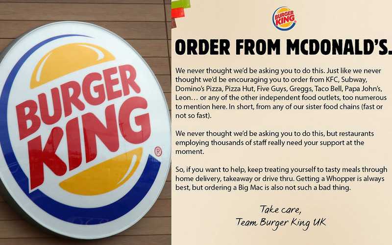 Burger King tells customers to order from McDonald’s to help them during lockdown