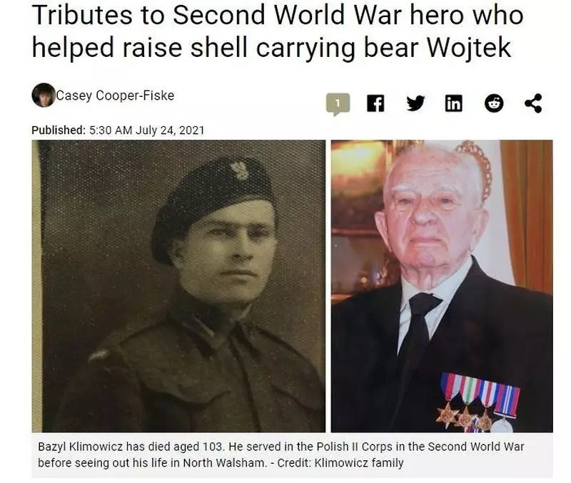 Tributes to Second World War hero who helped raise shell carrying bear Wojtek
