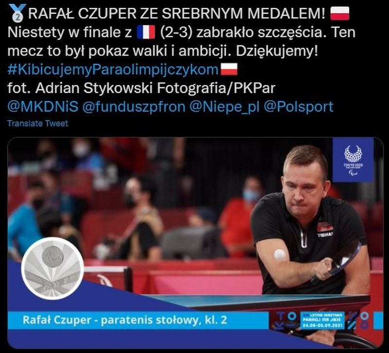 Paraolimpiada: Czuper srebrnym medalistą w tenisie stołowym