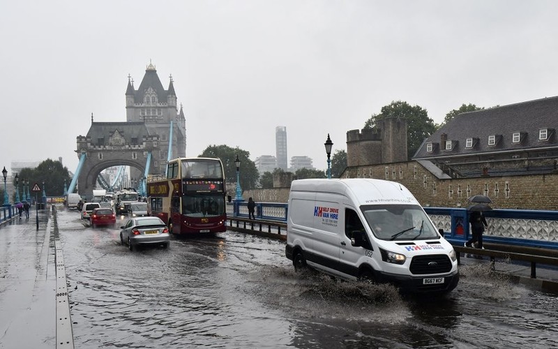Heavy rains in London. Tower Bridge is flooded