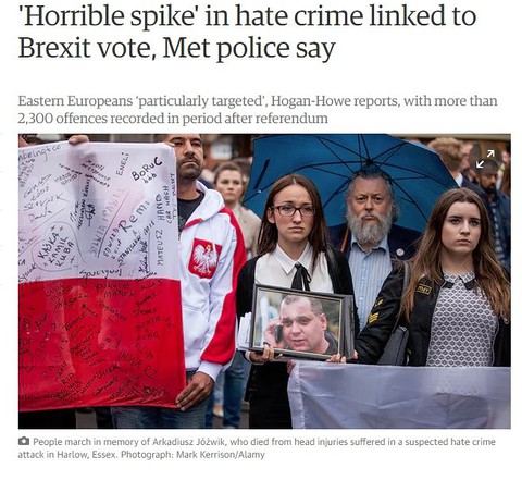 Wielka Brytania: Wzrost przestępstw z nienawiści może być związany z Brexitem