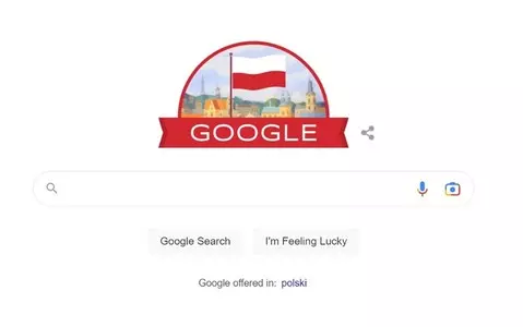 Polish flag against background of Przemyśl on Google home page on Independence Day