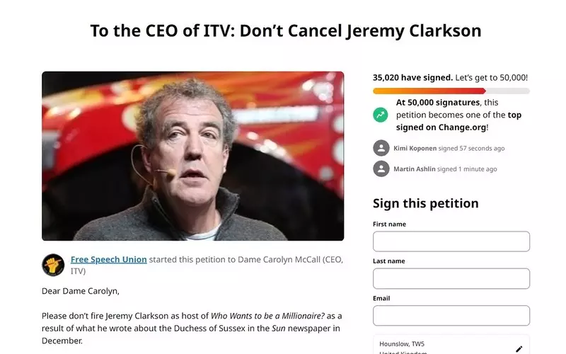 Tysiące osób apelują do stacji ITV o to, aby nie zwalniano Jeremy'ego Clarksona