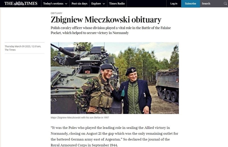 "The Times" mentions Major Mieczkowski, a veteran of the Battle of Normandy
