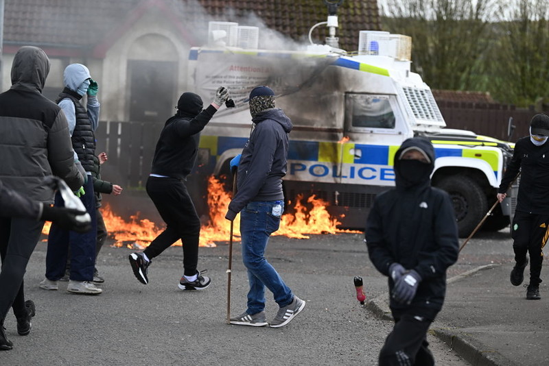 Police Service Northern Ireland vehicle attacked with petrol bombs during republican parade