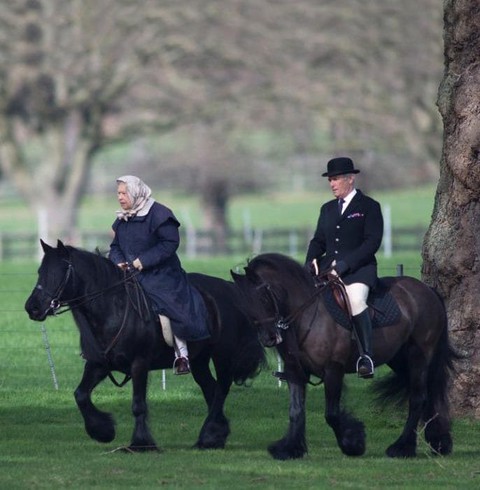 The Queen is pictured still riding at 90 - and without a helmet - as she heads out on her pony near 