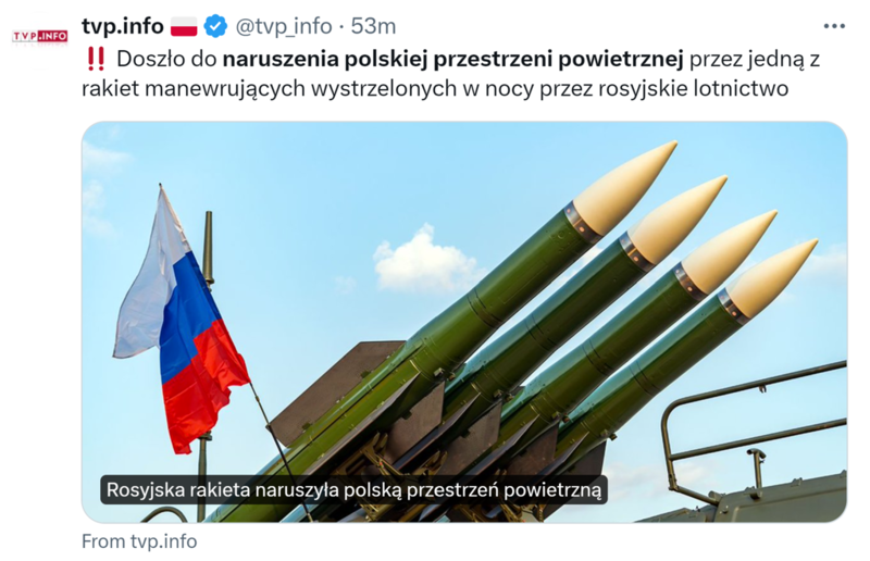 Naruszenie polskiej przestrzeni powietrznej przez rosyjską rakietę. Lotnictwo w stanie gotowości