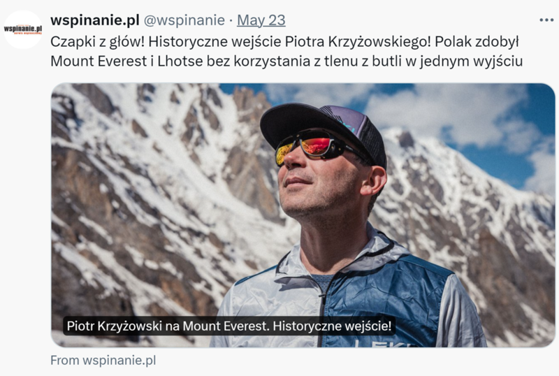 Piotr Krzyżowski conquered Everest and Lhotse without oxygen support or descent to base camp