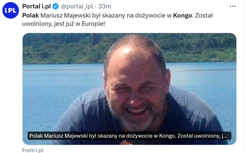 Polak skazany na dożywocie w Kongo został uwolniony. Jest już w Europie