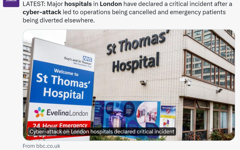 London: Hospital disruptions following cyber attack on laboratory testing supplier