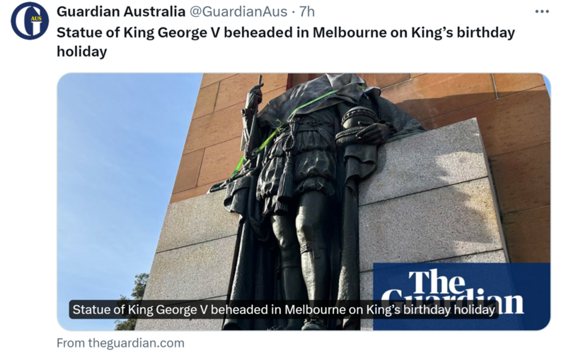Statue of King George V beheaded in Melbourne on King’s birthday holiday