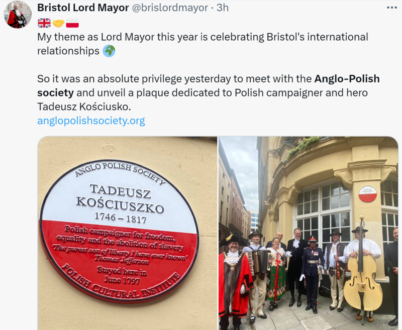 W Bristolu odsłonięto tablicę poświęconą Tadeuszowi Kościuszce