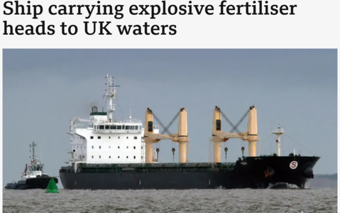 Ship with explosive Russian cargo is anchored off the British 