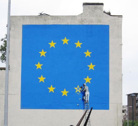 New Banksy piece shows workman chipping away at star on EU flag