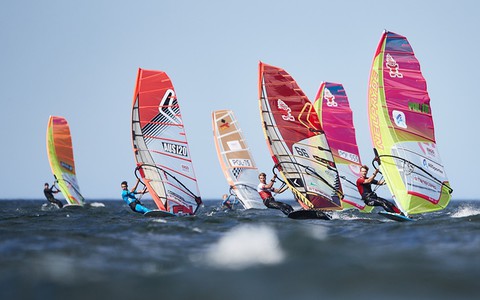 The Pole runs after the first day of the European Formula Windsurfing Championships in Sopot
