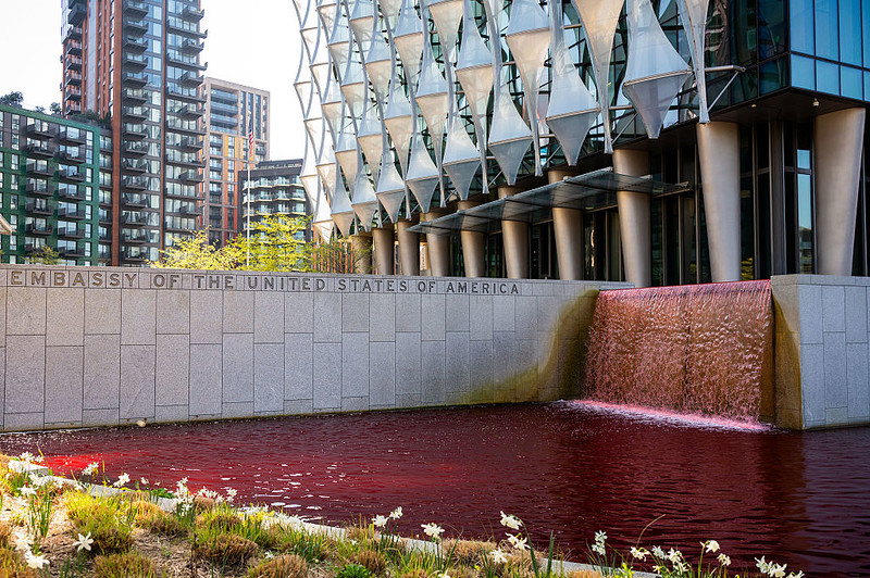 Greenpeace activists arrested in London after red dye poured into US Embassy pond