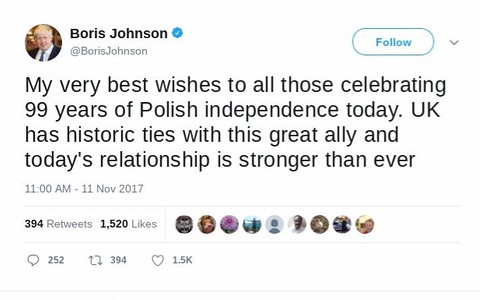Johnson złożył Polakom życzenia na Twitterze