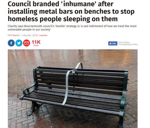 Metalowe blokady przeciw bezdomnym na ławkach w Bournemouth