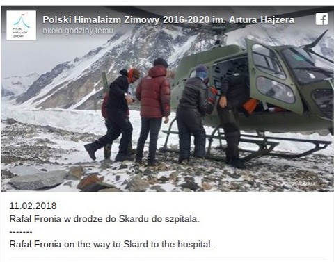 Wyprawa na K2: Helikopter zabrał z bazy Rafała Fronię do szpitala
